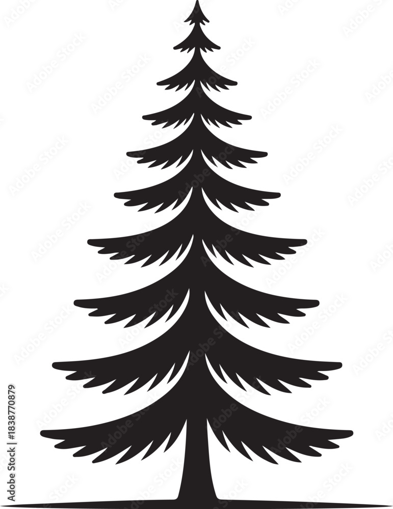 Fototapeta premium Black silhouette of a tall evergreen pine tree white background