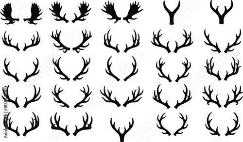 Large Collection of Black Antler Silhouettes Diverse Set of Deer, Stag, Elk, and Moose Horns for Hunting, Vintage Decoration, and Wild Animal Logo Design.