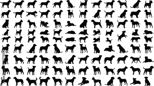 Large Collection of Dog Silhouettes Over One Hundred Black Puppy and Adult Canine Figures in Various Sitting, Standing, and Running Poses for Graphic Design.