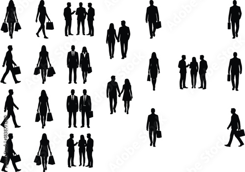 Large Vector Set of Black People Silhouettes Individuals and Groups Representing Business Professionals, Shopping Activities, Walking, and Casual Social Interactions for Graphic Design.