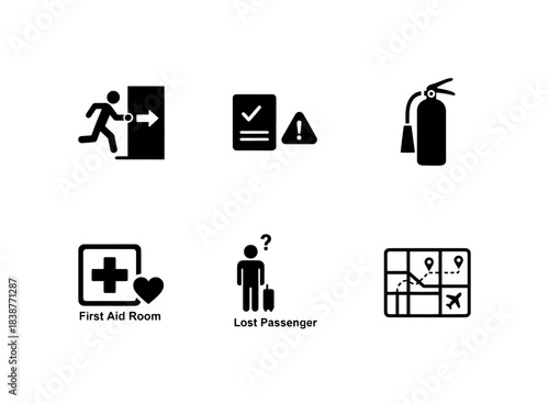 Emergency Exit Safety Instructions Fire Extinguisher First Aid Room Lost Passenger Icon Set