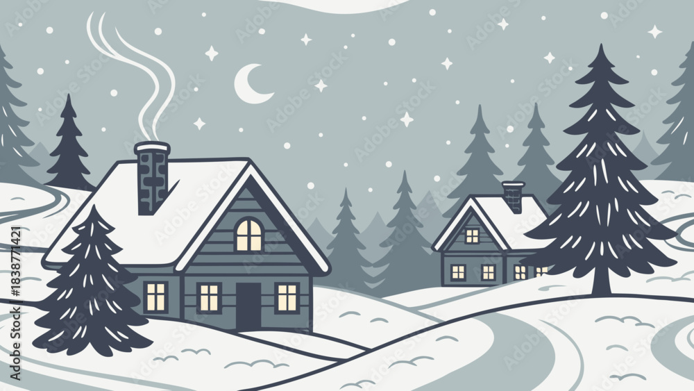 Naklejka premium Serene snowy winter landscape with cozy lit cabins, snow-covered pine trees, winding path and smoky chimneys under a pastel twilight starry sky — peaceful holiday scene for greeting cards, backgrounds