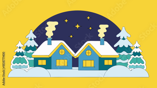 Serene snowy winter landscape with cozy lit cabins, snow-covered pine trees, winding path and smoky chimneys under a pastel twilight starry sky — peaceful holiday scene for greeting cards, backgrounds