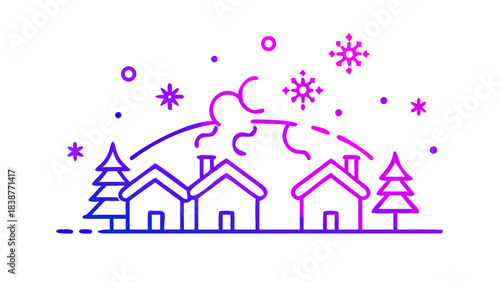 Serene snowy winter landscape with cozy lit cabins, snow-covered pine trees, winding path and smoky chimneys under a pastel twilight starry sky — peaceful holiday scene for greeting cards, backgrounds