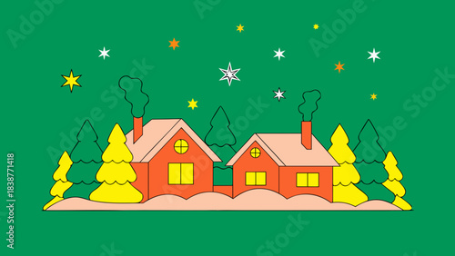 Serene snowy winter landscape with cozy lit cabins, snow-covered pine trees, winding path and smoky chimneys under a pastel twilight starry sky — peaceful holiday scene for greeting cards, backgrounds