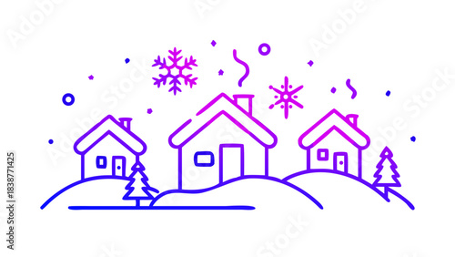 Serene snowy winter landscape with cozy lit cabins, snow-covered pine trees, winding path and smoky chimneys under a pastel twilight starry sky — peaceful holiday scene for greeting cards, backgrounds