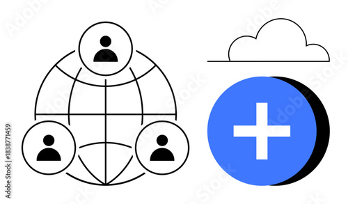 Cloud computing concept. Simplified graphic of cloud technology with a global network and user connections. Cloud computing for collaboration, data sharing, remote access, and teamwork