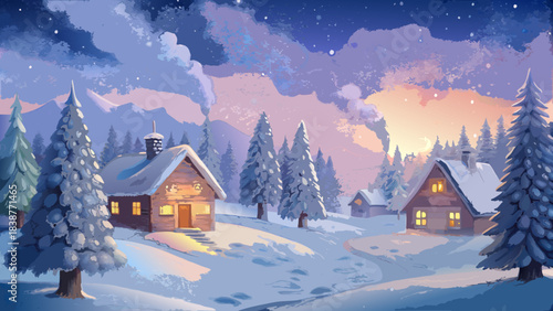 Serene snowy winter landscape with cozy lit cabins, snow-covered pine trees, winding path and smoky chimneys under a pastel twilight starry sky — peaceful holiday scene for greeting cards, backgrounds