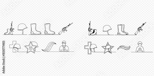 Continuous line drawing of military elements and symbols for Veterans Day or Memorial Day.