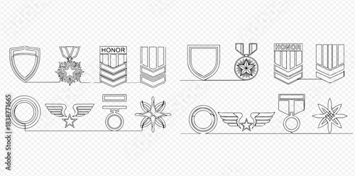 Set of military awards, badges, and insignia in continuous line art style.