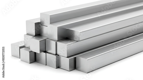 Stack of shiny metal square bars with sharp edges isolated on white background