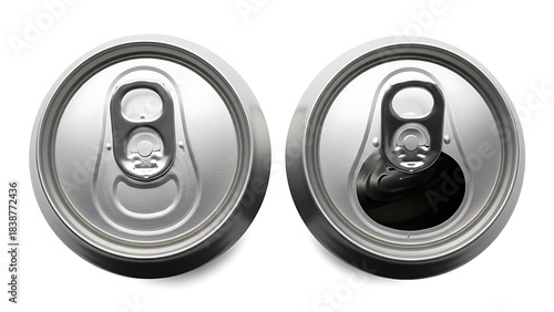 Two aluminum soda cans viewed from above one open and one closed isolated on white background
