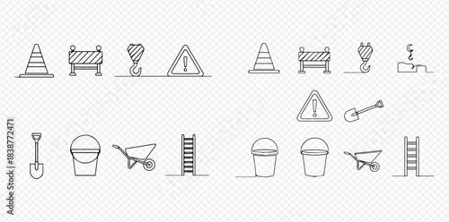 Continuous line drawing of construction tools and safety equipment for building sites.