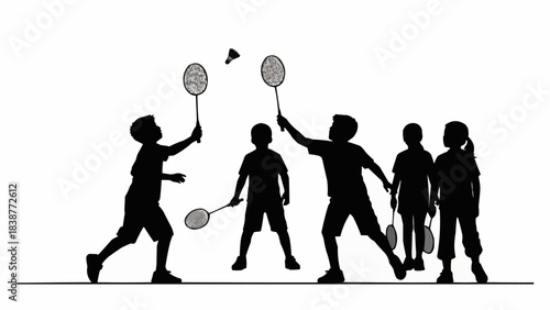 Children playing badminton silhouettes active lifestyle fun outdoor game.