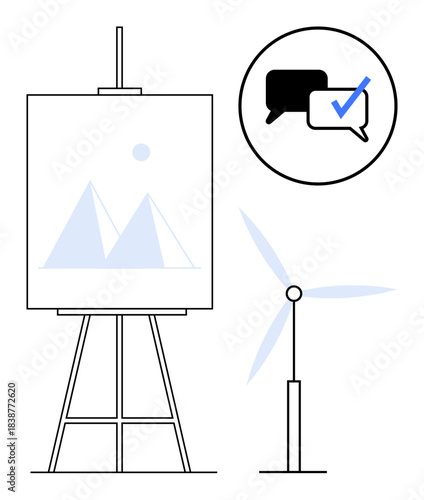 Wind turbine beside art easel with geometric shapes, speech bubbles with a checkmark blending renewable energy, communication, teamwork, creativity, sustainability, education, innovation into