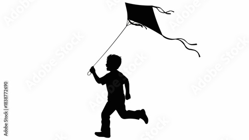 Silhouette of a child running with a kite on a white background.