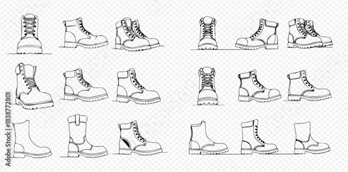 Set of various hand-drawn boot illustrations, including hiking, work, and casual styles, with different perspectives.