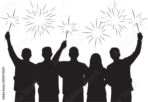 Five people silhouettes holding sparklers fireworks celebration
