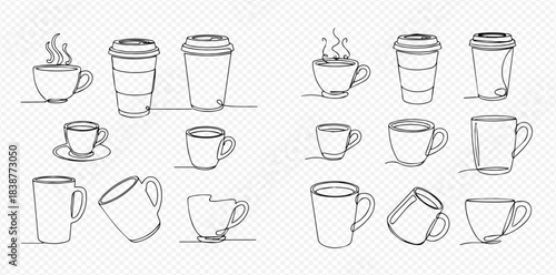 Continuous line drawing of various coffee cups and mugs, hot drinks, espresso, cappuccino, latte, and takeaway cups.