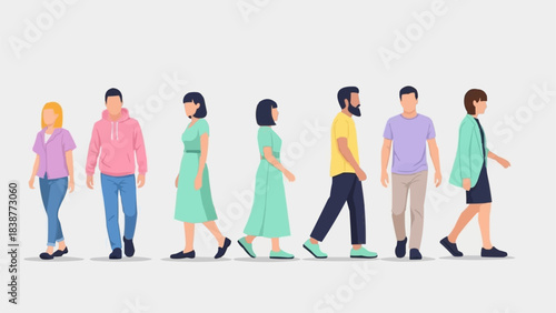 Diverse group of people walking in a line illustration.
