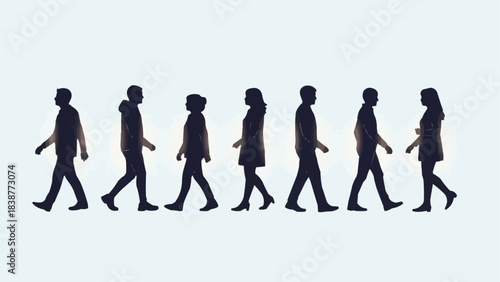 Silhouettes of diverse people walking in a line, showcasing movement and human presence.