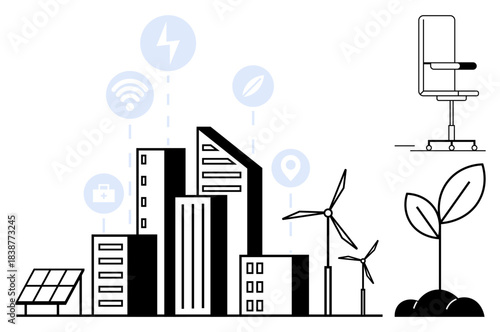 Renewable energy, urban development, sustainability, green technology, clean power, eco-friendly growth. Modern cityscape buildings, wind turbines solar panels and a growing plant. Renewable energy