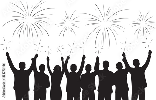 Silhouettes of people celebrating with fireworks and sparklers