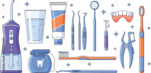 Dental Care Tools Vector Set – Toothbrush, Floss, Dentures, Mirror, Picks, Syringe, and Hygiene Essentials on White Background