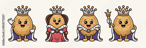Whimsical cartoon potato royal family characters clip art set, depicting regal kings and queens with gold crowns and purple robes; a cute spud mascot vector illustration for food marketing, healthy ea