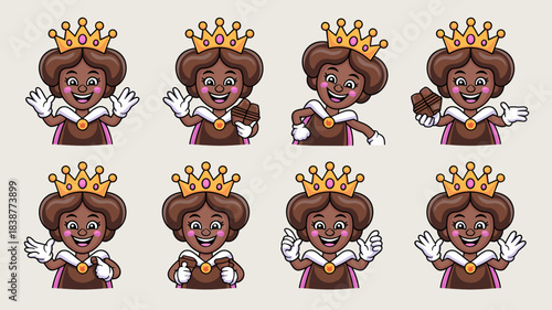 Joyful Black cartoon queen character mascot sticker set proudly presenting a delicious chocolate bar, vector illustration pack featuring eight happy royal gestures for candy advertising, sweet confect
