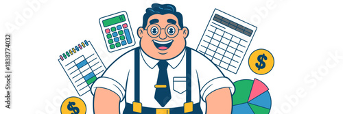 Cheerful professional accountant advisor smiling and analyzing financial data reports, pie charts, and complex calculations using a ledger, spreadsheet, and calculator for business management, accurat