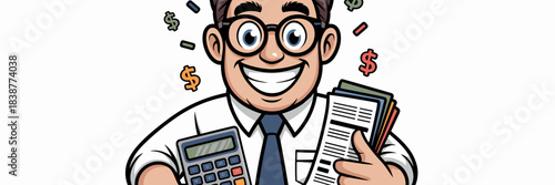 Happy smiling professional accountant or bookkeeper man holding a calculator and financial documents, celebrating successful budgeting, high profits, and great tax returns; a cheerful business vector