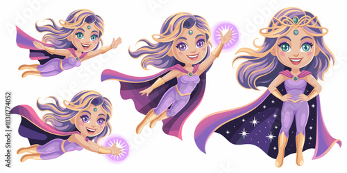 Dynamic magical flying superhero girl character design vector illustration set, showing a confident fantasy heroine casting power spells, posing in action, and wearing a flowing starry cosmos cape; id