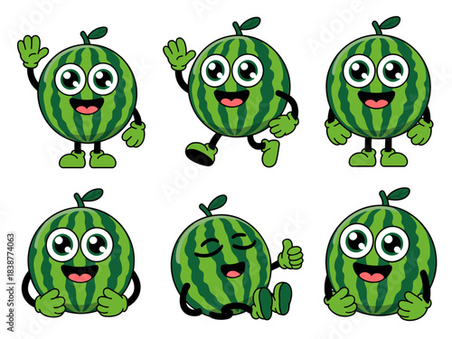 Cheerful cartoon watermelon fruit character mascot set performing different actions like happy waving, running, and giving a positive thumbs up gesture, perfect vector illustration graphics for summer
