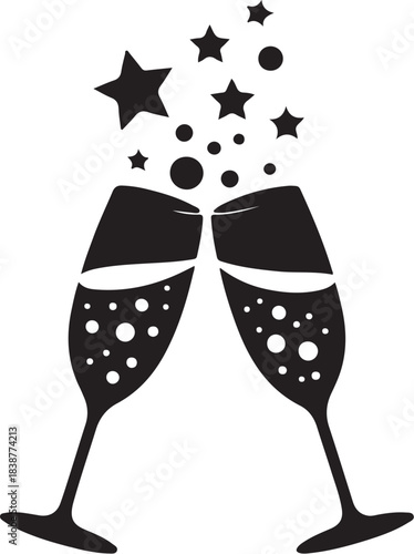 Two black champagne glasses clinking with stars and bubbles