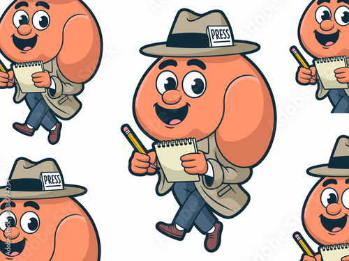 Cheerful tennis ball mascot journalist character, running in a classic trench coat and fedora hat with a press badge, actively writing notes in a spiral notebook, symbolizing professional sports news