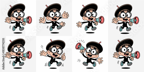 Energetic cartoon man manager character, dressed professionally with beret and thick glasses, dynamically jumping and running while holding a loud megaphone or bullhorn, enthusiastically communicating