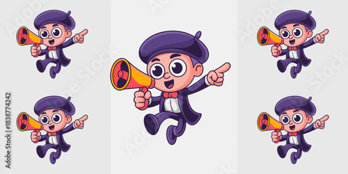 Energetic cartoon mascot boy wearing a beret, jumping with excitement, holding a red megaphone and pointing, illustrating crucial marketing announcement, important information broadcast, social media