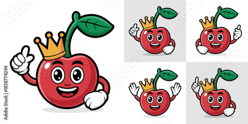 Cute and friendly cherry king mascot character illustration set wearing a royal golden crown, offering diverse cartoon poses like pointing and thumbs up, a premium vector bundle for sweet fruit brandi