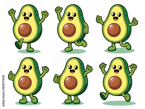 A vibrant collection of cute happy avocado mascot cartoon characters showcasing six different energetic action poses, including running, jumping, walking, and cheerful thumbs-up gestures, perfect vect