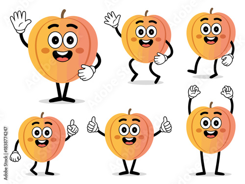 Vibrant set of six adorable apricot or peach fruit cartoon characters, smiling happily while waving, running, and cheering, useful vector graphic design element for healthy snack marketing, educationa