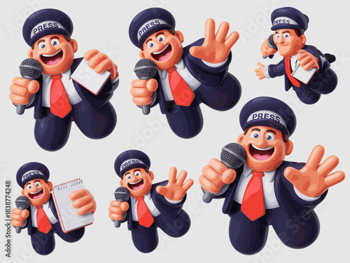 An energetic, friendly 3D cartoon journalist reporter mascot character, wearing a professional dark suit and red tie, dynamically announcing or communicating vital news information, holding a micropho