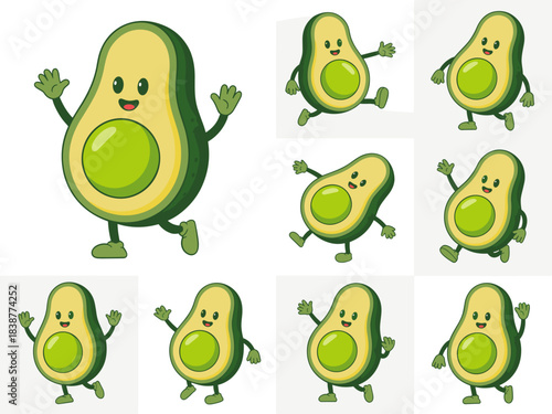 Vibrant cartoon avocado character mascot vector illustration graphic happily running, jumping, and waving, showcasing dynamic movement for healthy food and vegan nutrition promotion, perfect for cheer