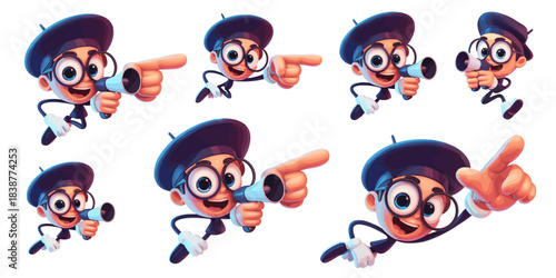 Adorable 3D cartoon director character wearing a stylish beret and oversized glasses, urgently shouting through a megaphone or bullhorn and pointing, delivering an important marketing announcement, in