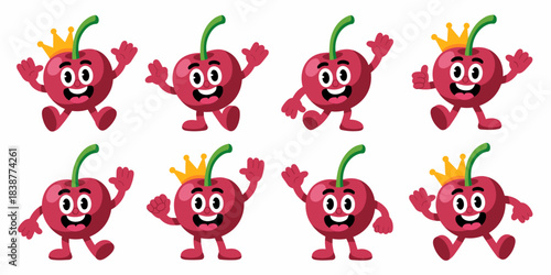 Cheerful cherry cartoon character set collection, featuring a crowned fruit mascot smiling, running, waving, and jumping in various action poses, ideal for healthy food promotion, children's education