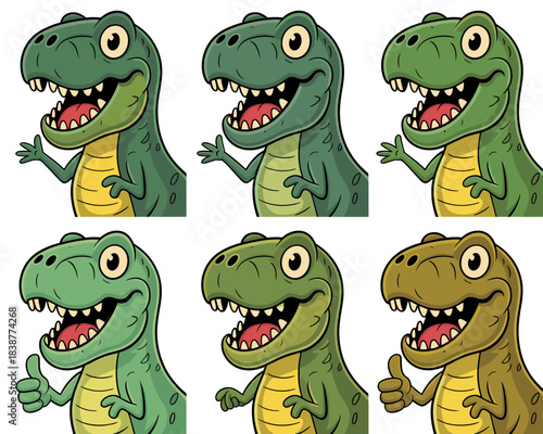 A set of six cute cartoon T-Rex dinosaur illustrations with different color variations, showing a friendly mascot character waving and giving a thumbs up, perfect vector artwork for kids' education, l