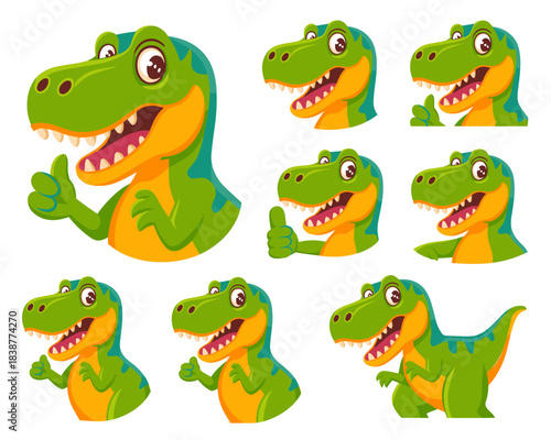 Friendly cartoon green T-Rex character illustration collection depicting a smiling happy dinosaur presenting success, strength, and great approval with a thumbs up gesture for kids' education, playful