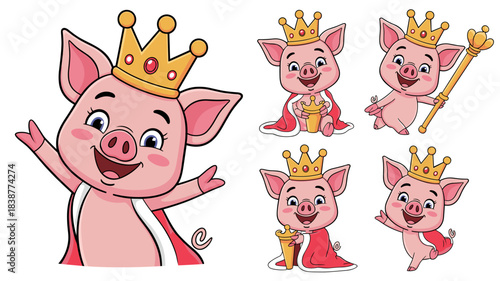 Adorable cartoon pink piglet princess royal character vector illustration set wearing a majestic golden crown and red velvet robe, featuring happy swine smiling, posing, and waving, ideal for children