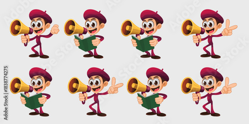 Vector illustration set of an enthusiastic cartoon spokesperson character delivering important marketing communication through a megaphone, posing with a book, reading a script, making expressive gest