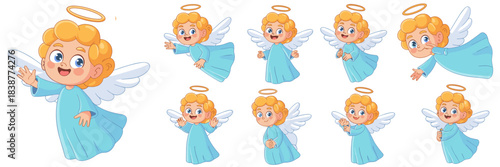 Cute cartoon angels cherubs collection flying, smiling, and waving greetings, an adorable heavenly messenger vector illustration set isolated on white for Christmas holiday design, spiritual marketing